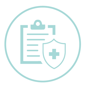 Light blue icon of a medical shield with a cross next to a clipboard with a document, symbolizing health records or insurance.