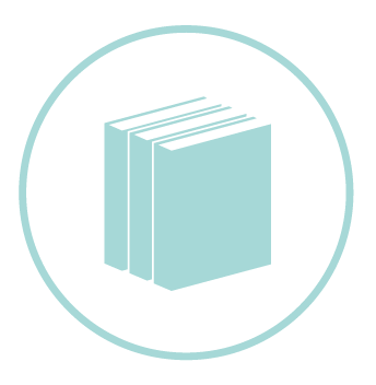 Light blue icon showing a stack of three books standing upright.