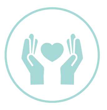 Light blue icon of cupped hands holding a heart, symbolizing care or donation.