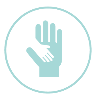 Icon of small hand on large hand, symbolizing help or support.
