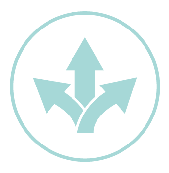 Light blue icon of a single arrow splitting into three different directions, symbolizing choice or options.