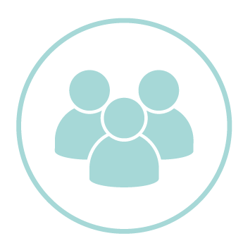 Light blue icon representing a group of three people or community.