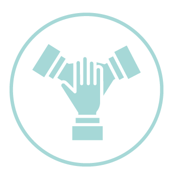 Light blue icon of three hands stacked together, symbolizing teamwork or unity.