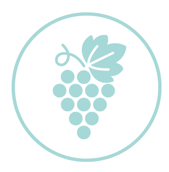 Light blue icon of a bunch of grapes with a leaf.