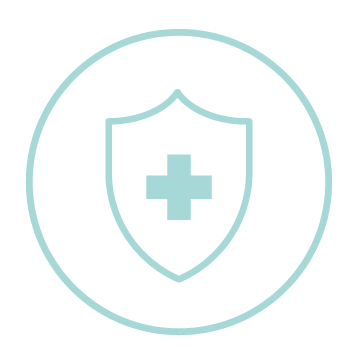 Light blue icon of a shield with a medical cross inside, symbolizing health or medical protection.