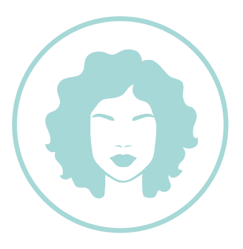 Light blue icon of a woman's face with curly or wavy hair.
