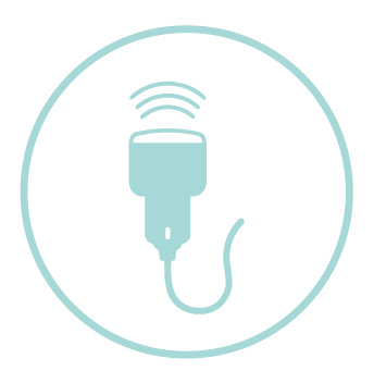 Light blue icon of an ultrasound transducer emitting waves.