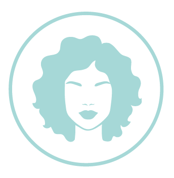 Light blue icon of a woman's face with curly or wavy hair.